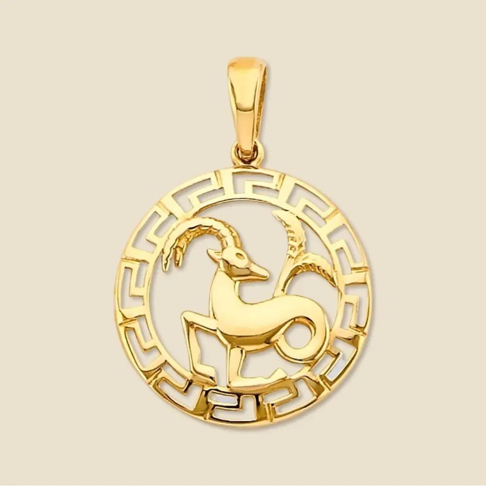 14K Solid Gold Round Capricorn Zodiac Sign Charm | Elegant Astrology Pendant |